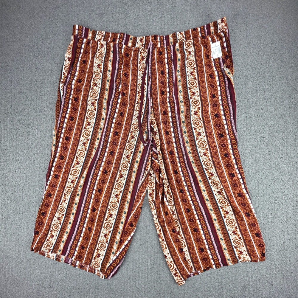 Westport Floral Stripe Culotte Pants Women Brown Boho Wide Leg Rayon 3X NWT
